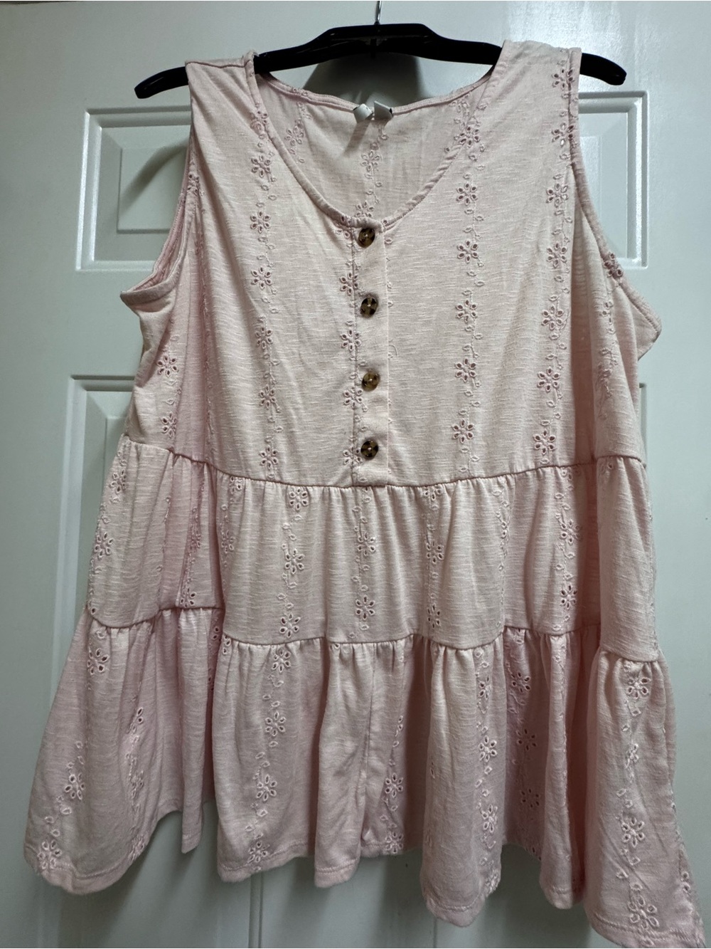 C EST1946-Sleeveless Blush Eyelet Tiered Tunic with Button Detail
